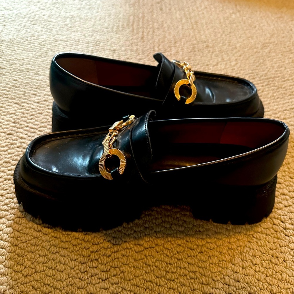 Chunky Black Zara Loafers w Gold Buckle [Perfect Condition]